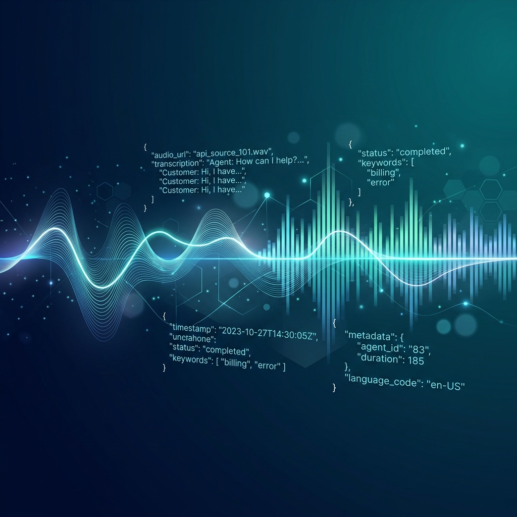Call center transcription API visualization with audio waveforms and JSON data