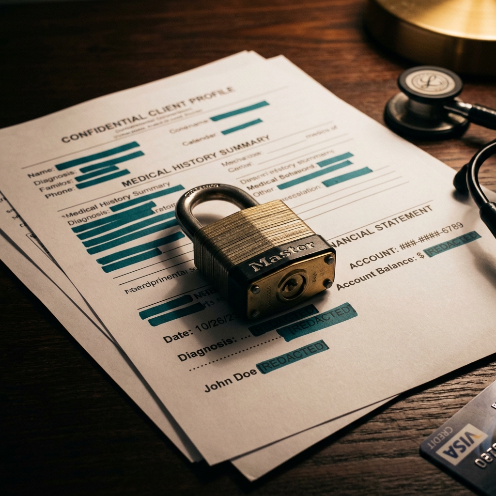Padlock on redacted medical and financial documents