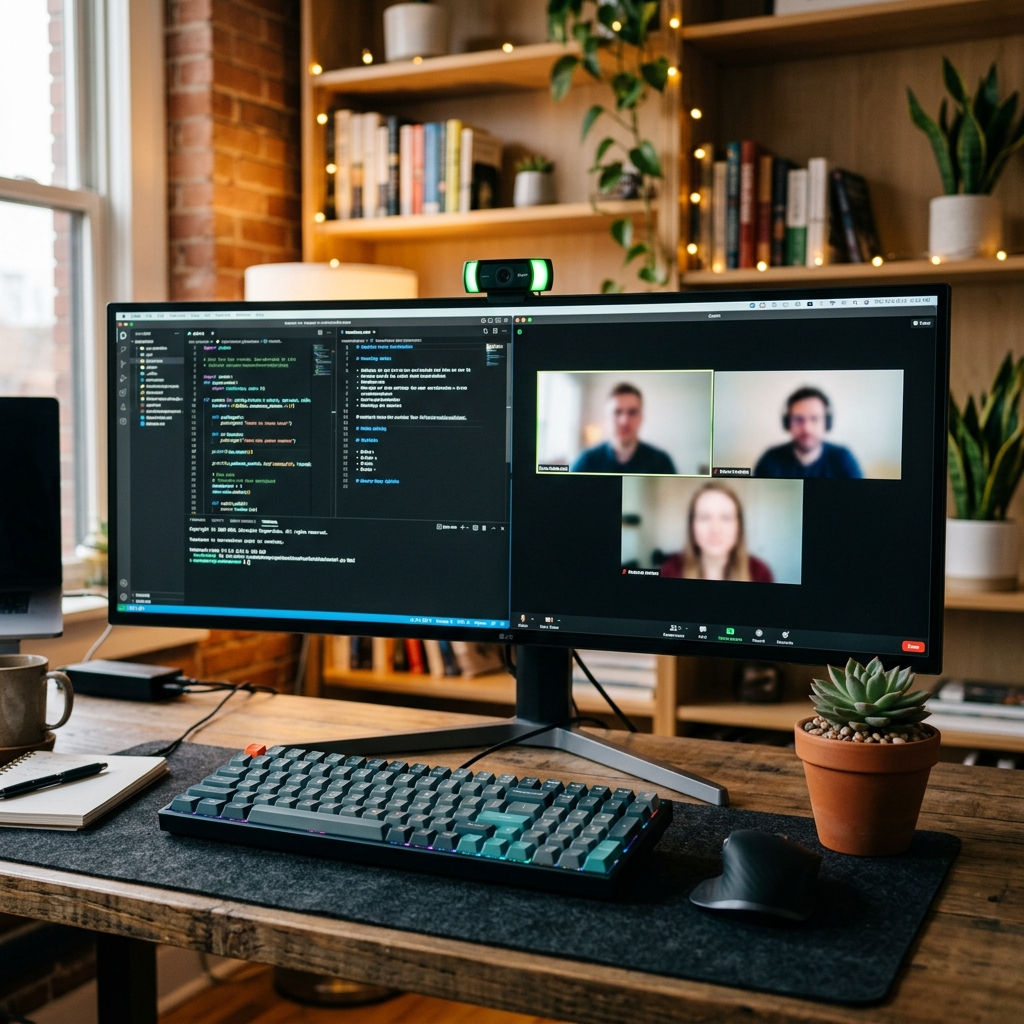 Developer workstation with code editor and meeting notes on ultrawide monitor