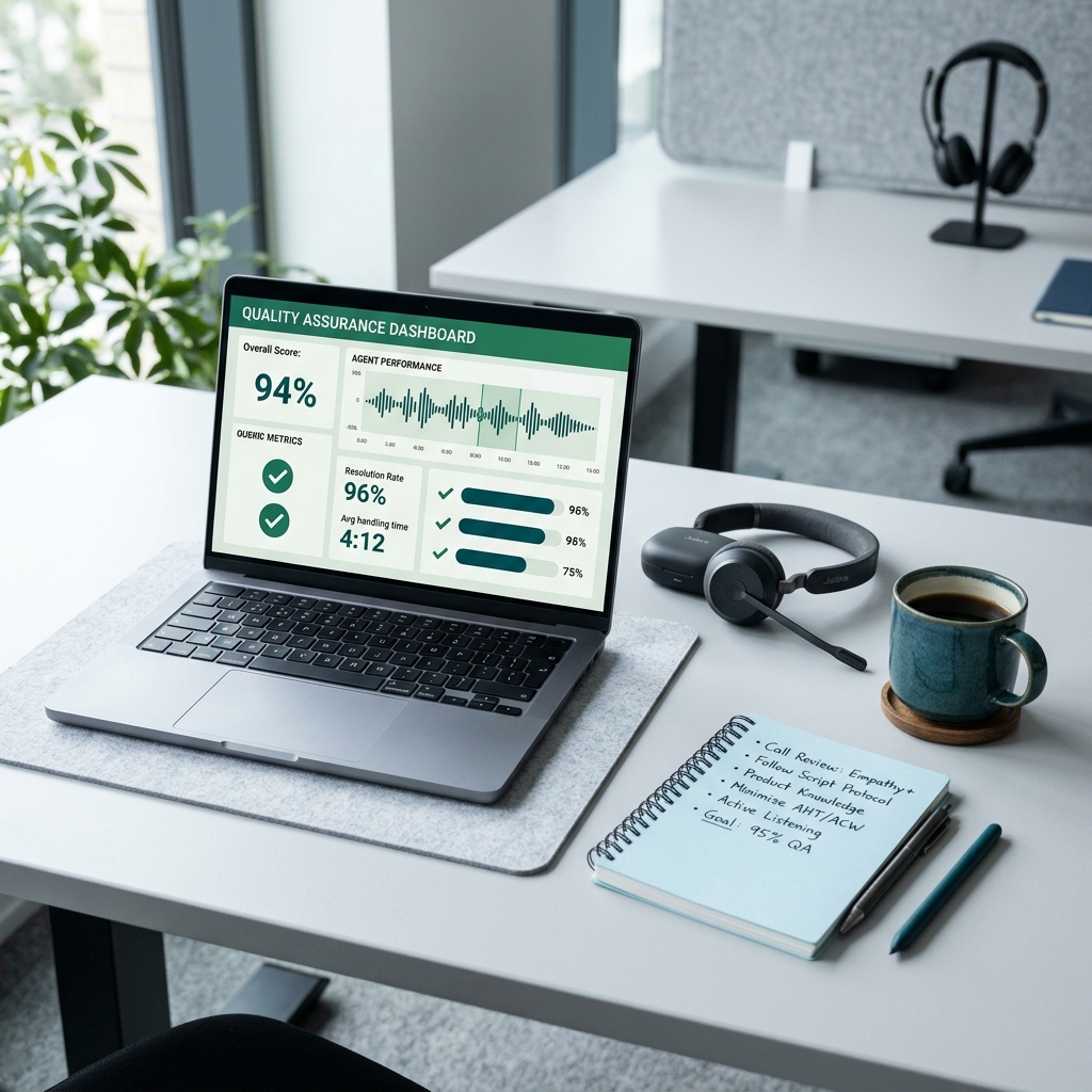 Call center quality assurance dashboard on laptop with headset and notepad